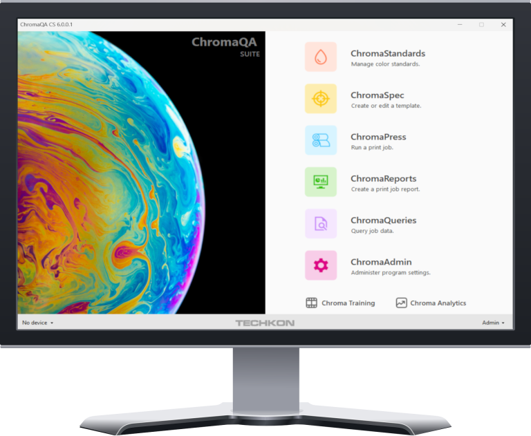 ChromaQA color quality software main menu visible on monitor screen