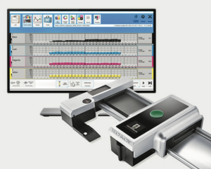 Techkon SpectroDrive closed-loop scanner and a monitor showing PressLink software for color process control