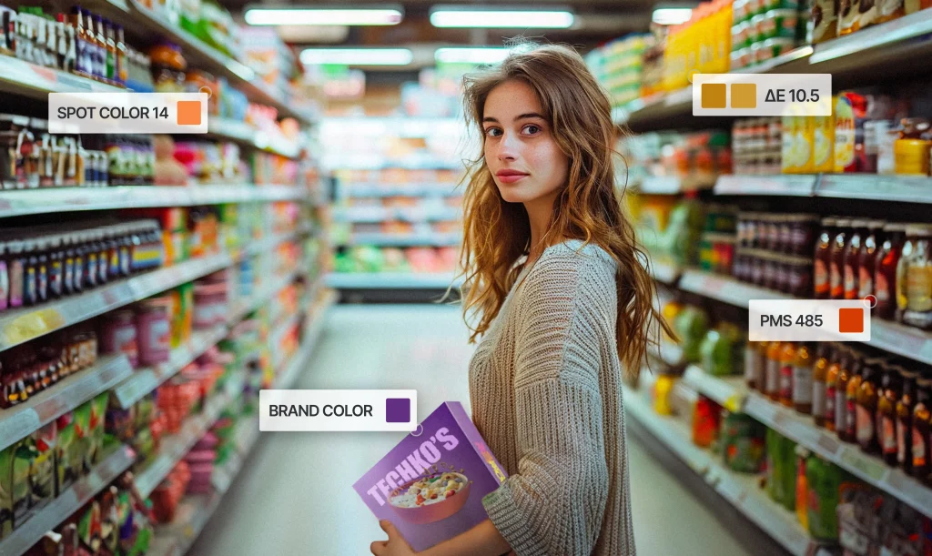 Image of a woman in a grocery store surrounded by text overlays representing different brand colors and color measurement values of packaged goods.