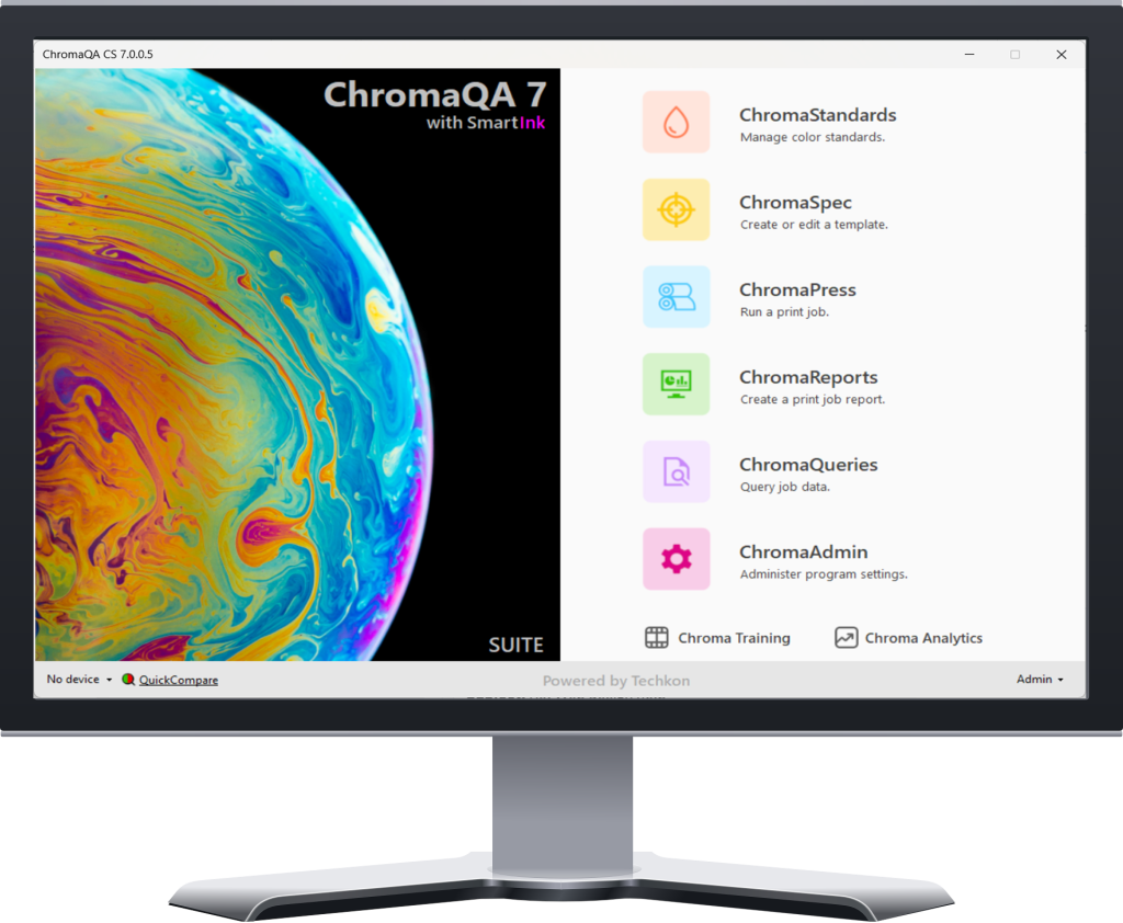 A PC monitor displaying the ChromaQA 7 startup menu