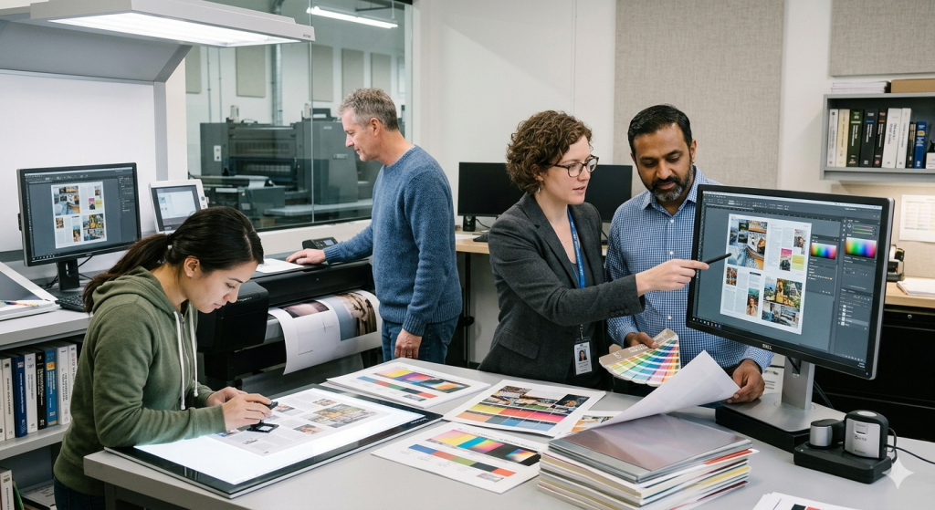 A prepress team is working on a project